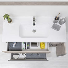 Mobile bagno sospeso 90/110 cm, cassetti e ante con chiusura rallentata, completo di specchio e lavabo in ceramioa (Effetto Pietra Beige, Mobile 90 con lavabo e specchio)