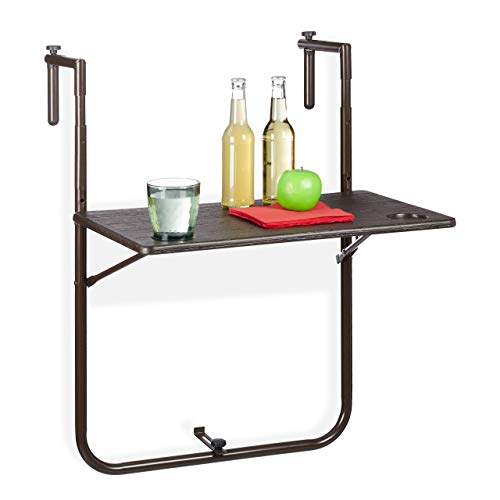 Relaxdays Tavolino Pieghevole Balcone, Tavolo da Appendere Ringhiera Altezza Regolabile Resistente Intemperie, Marrone