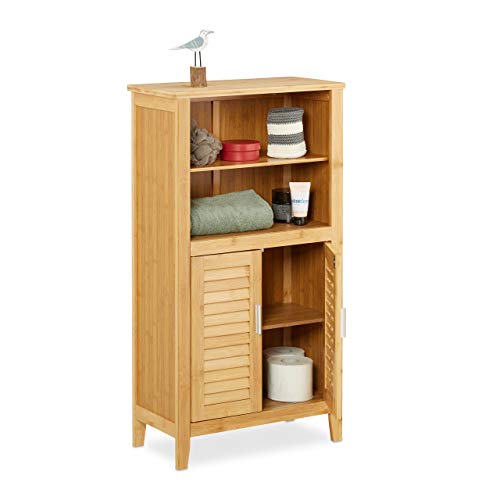Relaxdays Mobile Armadietto LAMELL in bambù & MDF, Mobiletto Bagno, Lamellato, 2 Ante, 92x50x25 cm ca, Naturale, bambú, Marrone, 25x50x92 cm