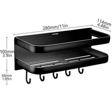 Wangel Profondo Mensola per Doccia Bagno con 5 Ganci, Colla Brevettata + Autoadesivo, Alluminio, Finitura Opaca, Nero