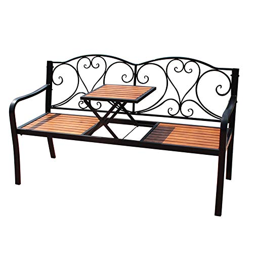 Panca da Giardino Per Patio Esterno da 59 Pollici, Struttura In Ghisa E Tavolo E Sedie da Balcone In Legno Massello Anticorrosivo,Panchina In Metallo Con Tavolino Centrale,Per Veranda / Cortile/prat