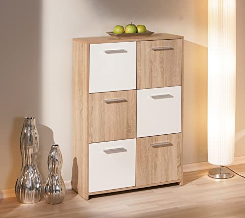 Inter Link Cassettiera Alta in Truciolare, Decoro Sonoma Rovere, Bianco con 6 Ante