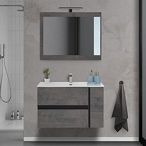 Mobile bagno sospeso 90/110 cm, cassetti e ante con chiusura rallentata, completo di specchio e lavabo in ceramioa (Effetto Pietra Oxid, Mobile 90 con lavabo e specchio)