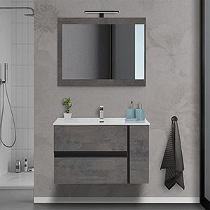 Mobile bagno sospeso 90/110 cm, cassetti e ante con chiusura rallentata, completo di specchio e lavabo in ceramioa (Effetto Pietra Oxid, Mobile 90 con lavabo e specchio)