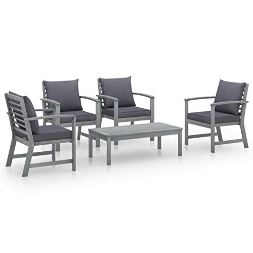 Tidyard Set 5pz da Pranzo da Giardino con Cuscini, Tavolo Sedie da Giardino, Set Mobili da Giardino in Legno massello di Acacia,Set Tavolo e Sedie da Esterno,Colore Cuscino Grigio Scuro
