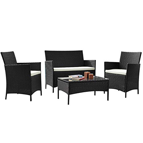 Totò Piccinni Set Praga Salotto Completo di Divano 2 Poltrone e Tavolino in Vetro e Poly Rattan Struttura in Acciaio con Cuscini (Nero)