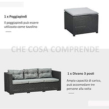 Outsunny Set Mobili da Giardino in Rattan PE Divano 3 Posti e Poggiapiedi/Tavolino, Cuscini Sfoderabili, Nero Grigio