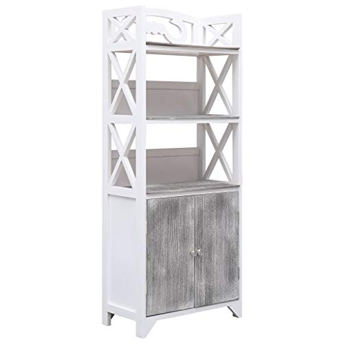 Armadietto da Terra in Legno per Il Bagno 46 x 24 x 116 cm Mobiletto Alto da Bagno con 3 Scomparti e 2 Ante - in Legno di paulownia e MDF-Bianco e grigio