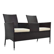 Panchina da giardino in polyrattan, con tavolo da 2 posti, cuscini da 5 cm