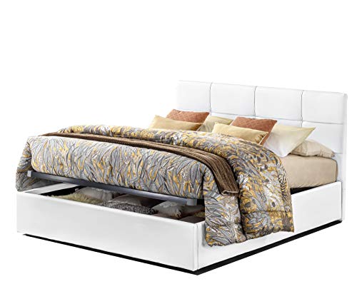 SARDAMATERASSI - Letto 1 piazza e mezza con box contenitore elegante e moderno similpelle bianco incluse doghe in legno di faggio