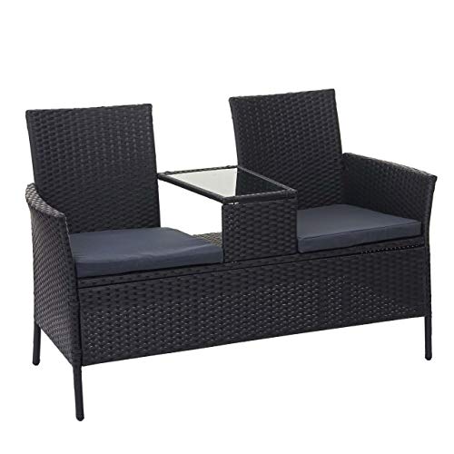 Mendler Divano Sofa per l'esterno Doppia Seduta portavivande HWC-E24 polyrattan Nero Cuscini Grigio