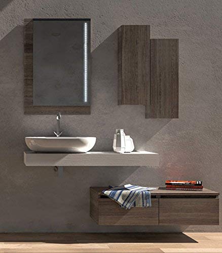 Mobile da bagno, specchio con luci a led, cassetti come da foto Misura: L.160 P.46 cm Finitura: Rovere ?tranch�? scuro Top: Legno con lavabo ad appoggio in ceramica - 100% made in Italy