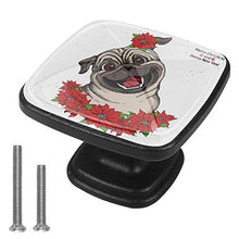 Cute Pug head and Christmas flowers red Poinsettia Pomelli per Porta Set di 4 Pomelli per Mobili Manopole per Cassetti Cucina Armadio Vetro