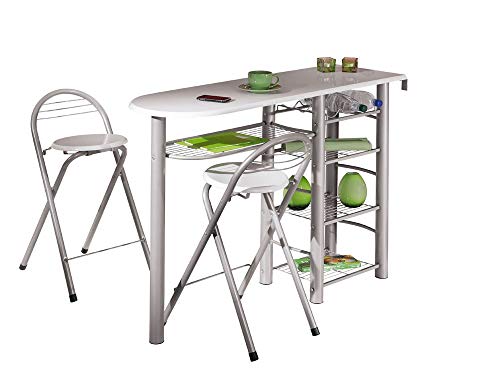 Inter Link Set Bar Tavolo e Sgabelli MDF, Bianco Lucido e Metallo ALU Grigio