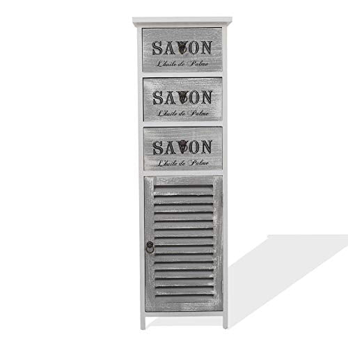 Rebecca Mobili Comodino alto, mobiletto bagno cucina, bianco, design shabby, con 3 cassetti e 1 anta, arredamento casa - Misure: 102 x 32 x 27 cm (HxLxP) - Art. RE6089
