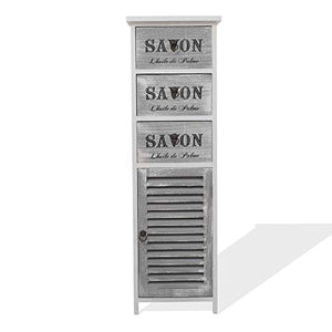 Rebecca Mobili Comodino alto, mobiletto bagno cucina, bianco, design shabby, con 3 cassetti e 1 anta, arredamento casa - Misure: 102 x 32 x 27 cm (HxLxP) - Art. RE6089