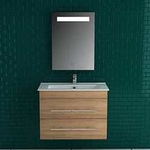 Lavabo in ceramica con mobiletto in rovere opaco, specchio con illuminazione a LED, mobile da bagno per gli ospiti, bagno e lavabo di design a specchio