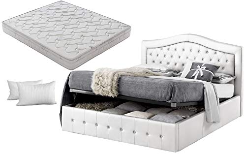 SARDAMATERASSI Letto matrimoniale con box contenitore bianco designe + materasso matrimoniale memory foam+coppia guanciali in fibra 3D
