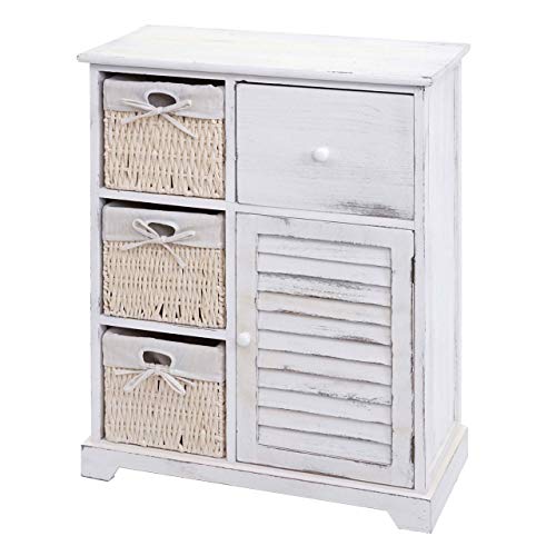 Mendler Cassettiera con 3 ceste Shabby Vintage HWC-H21 Legno paulonia Bianco