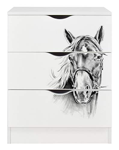 leomark Cassettiera in legno - Roma - bianca Comodino con cassetti, Armadietto per camera da letto, stile scandinavo, dimensioni: 78 (A) cm (Ritratto di un cavallo)