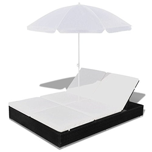 Festnight Lettino Letto Matrimoniale Prendisole Reclinabile Regolabile in Poli Rattan Marrone/Nero con Ombrellone e Cuscini Bianchi da Spiaggia/Giardino/Patio/Piscina per Esterno 197 x 140 x 190 cm