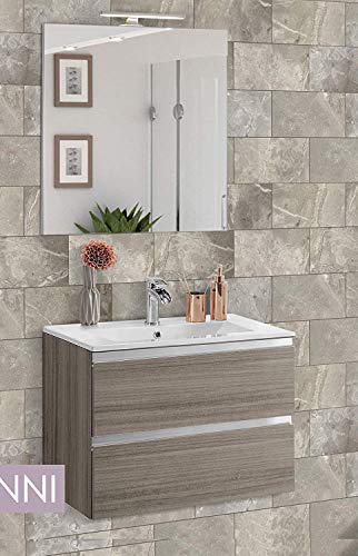 Mobile da bagno con lavabo - Componibile bagno 2 cassetti con maniglia a gola, lavabo e specchio con luce a Led cm. 60 x 46 x 51h. (STMB)