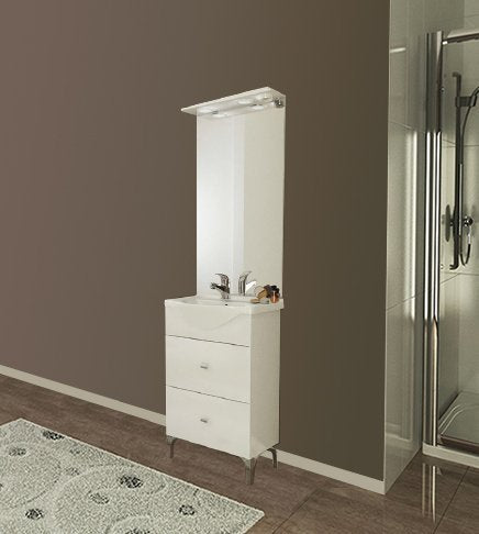 Mobile bagno moderno Moon bianco con lavabo in ceramica e specchiera