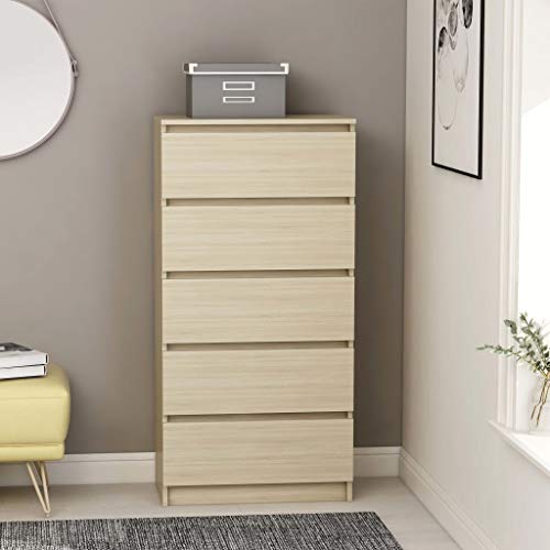 Festnight Credenza con 5 Cassetti 60x35x121 cm Credenza Soggiorno Modernan in Truciolato Cassettiera Camera da Letto Moderna Colore Nero Lucido/Rovere Sonoma/Nera