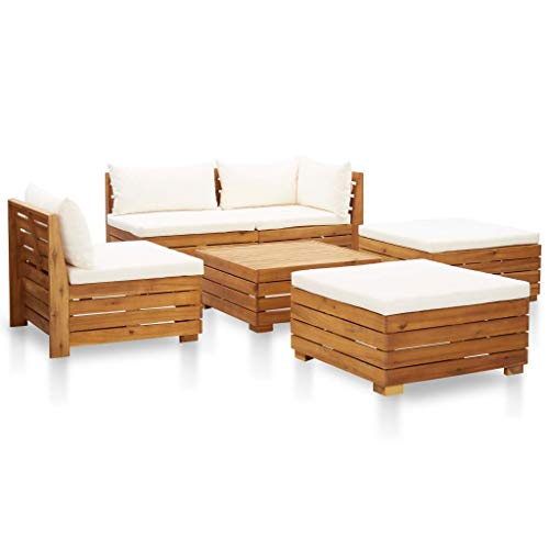 Tidyard Set Divani Giardino con Cuscini, Set di Mobili da Giardino, Set Divano Esterno Legno Acacia Bianco Crema 6 pz
