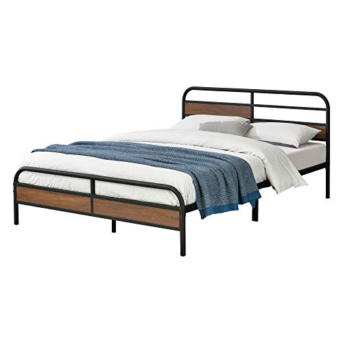 [en.casa] Struttura Letto in Metallo 140 x 200 cm Testiera e Pediera con Panelli Decorativi in Effetto Legno di Color Noce Letto Matrimoniale/Francese in Stile Moderno - Nero