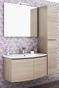 Mobile da bagno e colonna due ante, specchio L.91 P.36/46 Olmo Terra,Top lavabo in resina; Base p/lav.2 ante; Specchio a filo lucido con lampada led