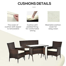 Outsunny Salotto da Giardino con Tavolo, 2 Poltrone e Divano 2 Posti, Set Mobile da Giardino in Rattan PE con Cuscini, Marrone e Bianco