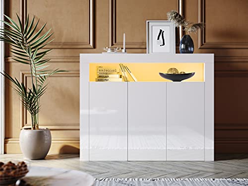 SONNI Credenza con Illuminazione a LED (12 Colori Impostabili), Armadio da Pavimento, Armadio da Cucina con Credenza, Mobile Soggiorno Bianco Lucido Mobile per Soggiorno Armadio in Piedi