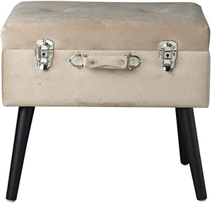 Baroni Pouf Valigia Contenitore in Velluto, Puff Sgabello Portaoggetti, Pouff Poggiapiedi Salotto, Camera con Zampe in Legno, Colore Beige, 50x35x46