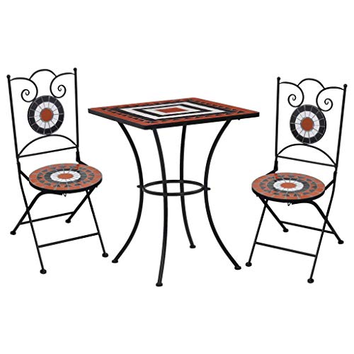 Festnight Set Bistrò, Set da Pranzo per Giardino con Mosaico, Tavolo Sedie da Giardino, Set Mobili da Giardino in Ceramica 3 pz Terracotta e Bianco