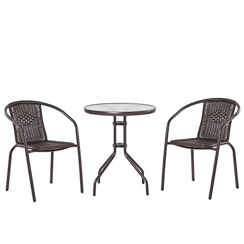 Set Tavolo e 2 Sedie da Giardino in Acciaio e Rattan Marrone