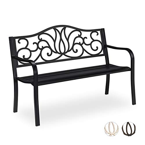 Relaxdays Panchina Panca da Giardino per 2 Persone, Acciaio, colata, Nero