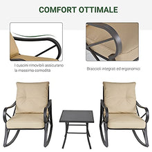 Outsunny Set Tavolino e Sedie da Giardino a Dondolo con Cuscini, Ripiano in Vetro e Struttura in Acciaio Beige