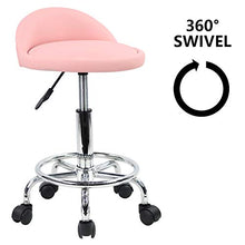 KKTONER Sgabello rotondo in ecopelle con schienale regolabile girevole per lavori di progettazione SPA con ruote colore rosa