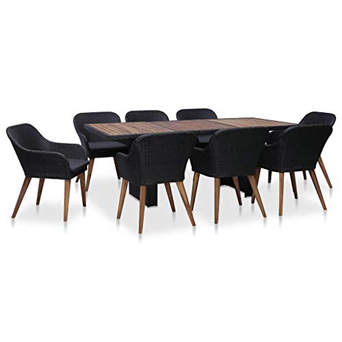 SKM Set da Pranzo da Giardino 9 pz con Cuscini in Polyrattan Nero (85.3kg)