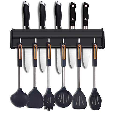 duoledaeu Porta Utensili da Cucina da Parete con 6 Gancio,40cm Barra Portautensili Cucina Appendi Mestoli da Cucina, Porta Mestoli da Cucina con Colla Brevettata & Autoadesivo,Alluminio, Nero