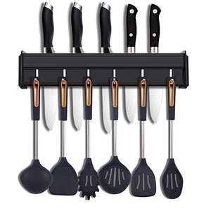 duoledaeu Porta Utensili da Cucina da Parete con 6 Gancio,40cm Barra Portautensili Cucina Appendi Mestoli da Cucina, Porta Mestoli da Cucina con Colla Brevettata & Autoadesivo,Alluminio, Nero