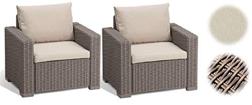 Keter California Set 2 Poltrone in Rattan, Set di 2 Divanetti con Cuscino Incluso Color Cappuccino
