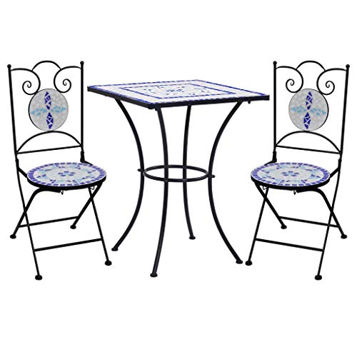 vidaXL Set Bistrò 3 pz con Mosaico Robusto Elegante Tavolo e Sedie per Esterni Arredi da Giardino Patio in Ceramica Blu e Bianco Telaio in Ferro