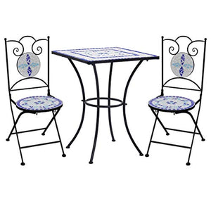 vidaXL Set Bistrò 3 pz con Mosaico Robusto Elegante Tavolo e Sedie per Esterni Arredi da Giardino Patio in Ceramica Blu e Bianco Telaio in Ferro