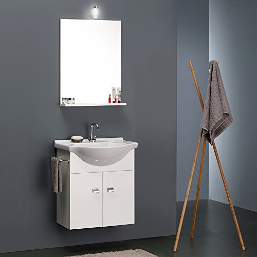 Kiamami Valentina MOBILE BAGNO BIANCO ECONOMICO DA 56 CM + LAVABO, SPECCHIO E LUCE