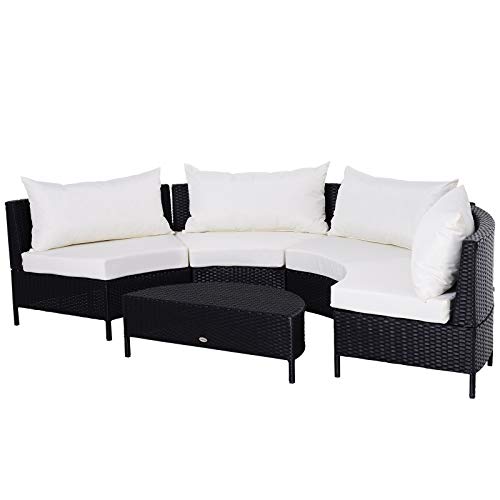 Outsunny Divano da Esterno in Rattan, Set 5 Pezzi con Pouf, Salottino per Il Giardino Nero e Bianco 96cmx 65cmx 65cm