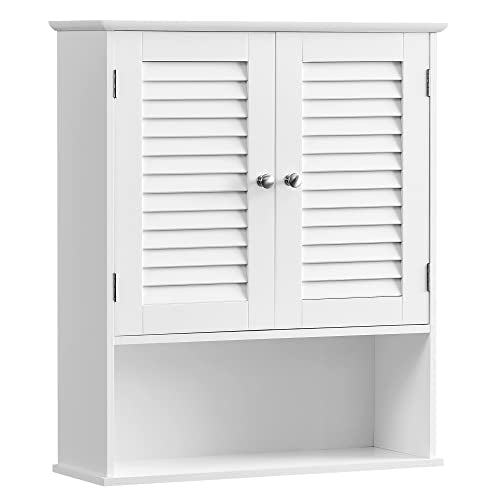 VASAGLE Armadietto da Muro, Mobiletto per Bagno da Parete, Mobile da Bagno con Ripiano Regolabile, 2 Ante a Persiana e Scomparto Aperto, 20 x 60 x 70 cm, Bianco BBC27WT