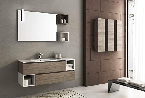 Dafne Italian Design Mobile da bagno rovere tranche', specchio c/luci a led, tre pensili rettangolari con sportello e cassetti, Misura: L.140 P.46 cm Top Legno con lavabo ad appoggio in ceramica