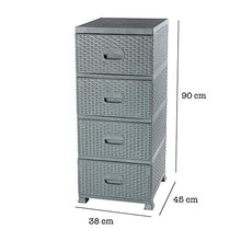 ADGO Comò con 4 cassetti, in rattan, per camera da letto, armadio, in plastica, 38 x 45 x 90 cm, grigio